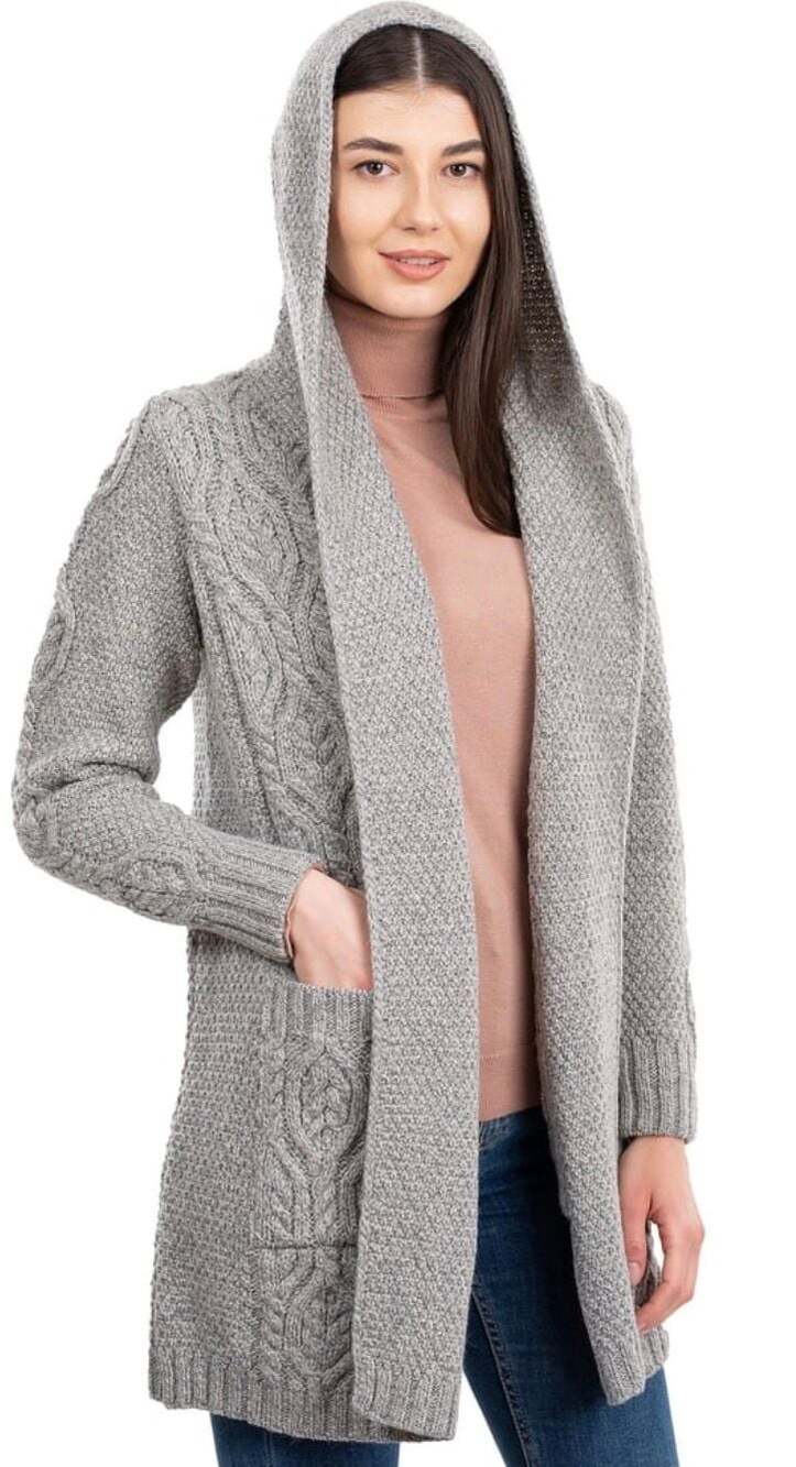 SAOL 100% Merino Wool Women's Aran Open Front Long Cardigan Sweater Irish Cable